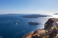 View over the bay of Santorini, Greece. Located at the cyclades archipelago in the Aegean Sea. Cruise ships dock in the bay Royalty Free Stock Photo