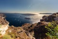 View over the bay of Santorini, Greece. Located at the cyclades archipelago in the Aegean Sea. Cruise ships dock in the bay Royalty Free Stock Photo