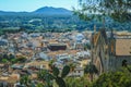 View over beautiful mediterranean village of Arta - Parish Church of the Transfiguration of the Lord on the right - Mallorca, Royalty Free Stock Photo