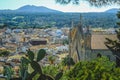 View over beautiful mediterranean village of Arta - Parish Church of the Transfiguration of the Lord on the right - Mallorca, Royalty Free Stock Photo