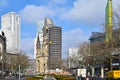 View over the Berlin boulevard `Tauentzien` to historic `Kaiser-Wilhelm-Memorial-Church`, skyscrapers in the background