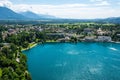 View over Bled town on the shore of Lake Bled in Slovenia Royalty Free Stock Photo