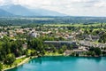 View over Bled town on the shore of Lake Bled in Slovenia Royalty Free Stock Photo