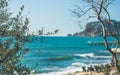 View over the blue sea, beach and castle hill of Alanya Royalty Free Stock Photo