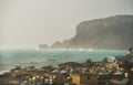 View over the stormy sea and castle hill of Alanya Royalty Free Stock Photo