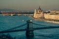 View over the Budapest city center, Chain Bridge over Danube river in the foreground and the Parliament building in the background