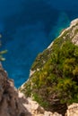 View over bush covered cliffs down to the deep blue Mediterranean Sea, selektive focus, Zakynthos