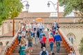 View over busy with tourists crowds in Venice, piers, promenade embankment at Accademia bridge and Grand Canal in Venetian Royalty Free Stock Photo