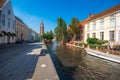 View over canal at the medieval city of Brugge in day light. Royalty Free Stock Photo