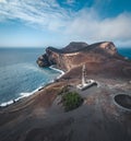 View over Capelinhos volcano, lighthouse of Ponta dos Capelinhos on western coast on Faial island, Azores, Portugal on a