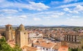 View over the church towers and market square of Trujillo