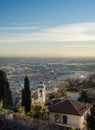 View over Citta Alta or Old Town buildings in the ancient city of Bergamo, Lombardia, Italy on a clear day, taken from Royalty Free Stock Photo