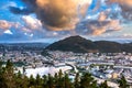 City Scene with View of Bergen Center from Floyfjellet Viewpoint of Mount Floyen at Sunset.