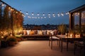 cozy outdoor terrace with outdoor string lights