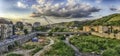 View over the Crathis river and Calatrava& x27;s Bridge, Cosenza, Italy