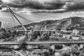 View over the Crathis river and Calatrava`s Bridge, Cosenza, Italy