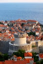 Old town of Dubrovnik near the sea, big tower