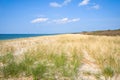 View over the dune on the coast of the Baltic Sea. White beach in front of blue sky Royalty Free Stock Photo