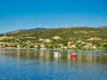 View Over Gulf of Corinth Bay to Olive Groves and Wind Farm on Mountain Ridge, Greece Royalty Free Stock Photo