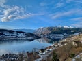 View over Hardangerfjord and Ulvik town in Norway