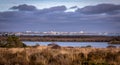 View over heathland and lake to seaside town