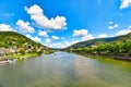 View over Heidelberg neckar river with old historical buildings and Odenwald mountain range in Germany during summer Royalty Free Stock Photo