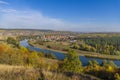 View over the idyllic Main Valley, the vineyards, the Main Loop at the town of Volkach, Fahr district in autumn with colorful Royalty Free Stock Photo