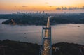 View over Istanbul bridge over Bosphorus Ocean with Car traffic at Dusk Sunset, Aerial perspective from above