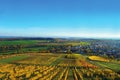 View over `Kraichgau`, a hilly region in southwestern Germany in Autum with grapevinen