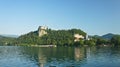 Beautiful view over Lake Bled, Julian Alps mountains and Bled castle, sunny morning, Bled, Slovenia Royalty Free Stock Photo