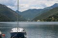 View over Lake Ledro in Italy with sailing boat Royalty Free Stock Photo