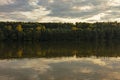 view over lake Maly near Stare Jab?onki in Poland in sunset