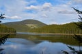 A view over the Lake Oasa in Mountains Sureanu with sky with clouds and forest Royalty Free Stock Photo