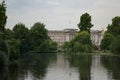 View over the St. James`s Park Lake to Buckingham Palace in London, England Royalty Free Stock Photo