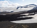 View over a landscape of Godland and thorsmork with the Eyjafjallajokull glacier and volcano, lava formations, snow, ice