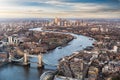 View over London: from the Tower Bridge along the Thames to Canary Wharf Royalty Free Stock Photo