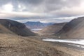 Adventdalen landscape, valley, mountains and Isfjord near Longyearbyen in Spitsbergen, Svalbard.