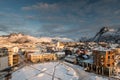 View over the main square Torget in the city of Svolvaer on the Lofoten islands in colorful early morning sunrise in winter with