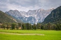 View over meadow in Zgornje Jezersko, to Kamnik-Savinja Alps Royalty Free Stock Photo