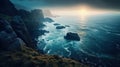 View over misty stormy ocean and rocky cliffs at sunset. Dark and beautiful austere seascape. Majestic seaside. Generative AI