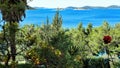 View over mixed typical mediterranean plants on bay with islands - Drage Pakostane, Croatia Royalty Free Stock Photo