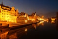 View over the Motlawa river after sunset at early evening with the Gdansk Old town architecture, warehouses, riverfront and boats