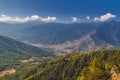 View over the mountains in Bhutan on the way to Taktshang GoembaTiger`s Nest Monastery, the most famous Monastery in Bhutan, in Royalty Free Stock Photo