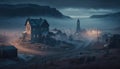 View over mysterious haunted village with a church. Old ghost town in hazy moonlight. Generative AI Royalty Free Stock Photo