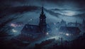 View over mysterious haunted village with a church. Old ghost town in hazy moonlight. Generative AI Royalty Free Stock Photo