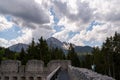 View over the natural stone walls of the ruins of Fort Claudia in the mountains on top of Mount Thaneller, Reutte