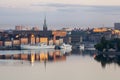 Early summer morning, the sun is just about to rise over Stockholm`s old city and central parts