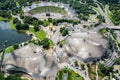 View over Olympiastadion stadium, Olympiahalle arena and Olympia Schwimmhalle aquatics centre in Munich, Germany