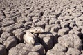 View over parched and empty dam, with cracked mud Royalty Free Stock Photo