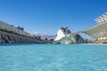 View over the pond for the Museu de les Ciencies Principe Felipe on the buildings L`Hemisferic and Palau de les Arts in Valencia,